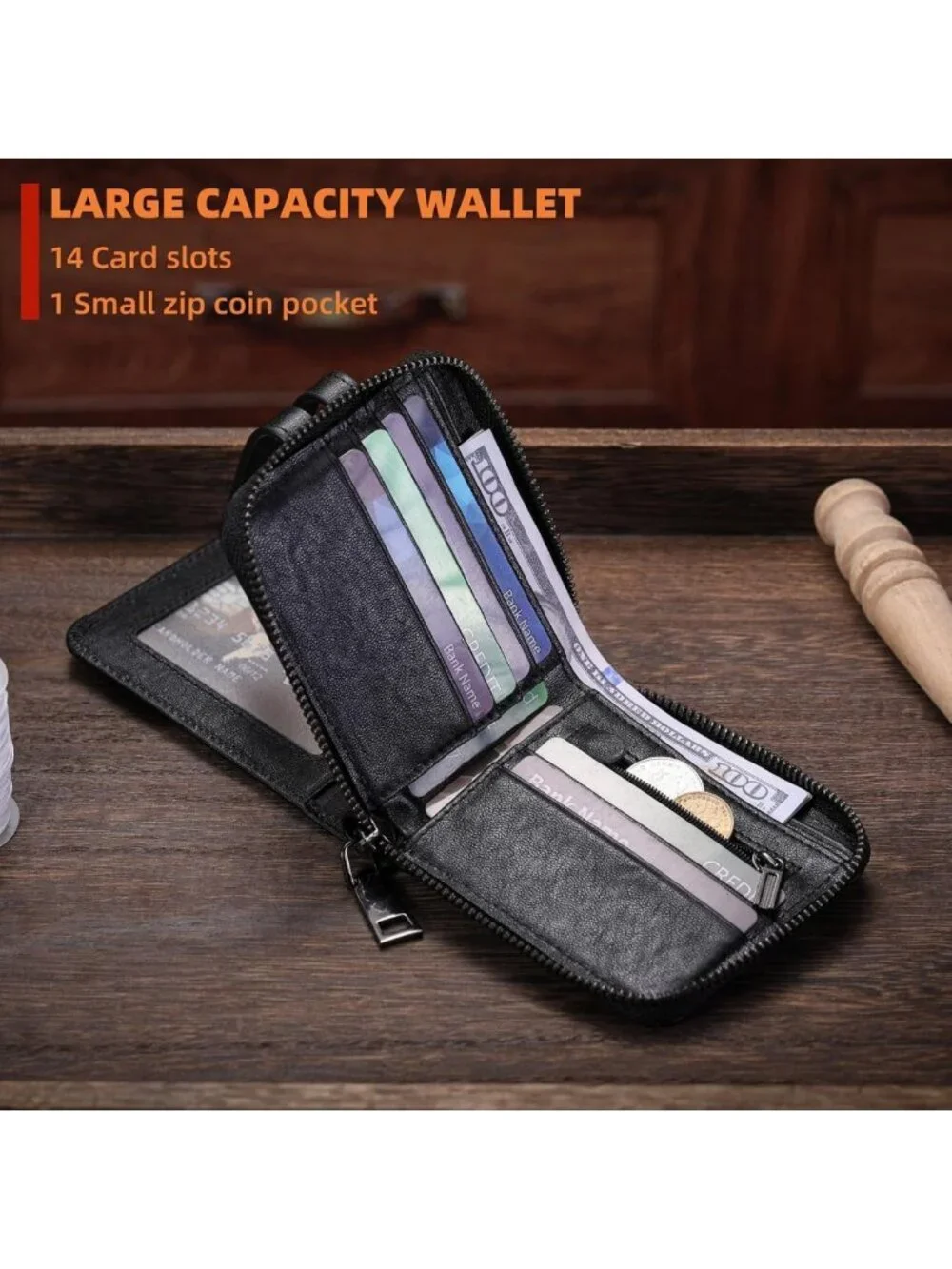 Genuine Leather Men's Zipper Wallet - Stylish, Durable, Slim Design (Black)